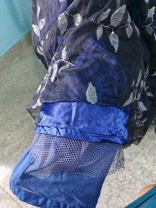 Elegant Navy Blue Leaf Print Gown