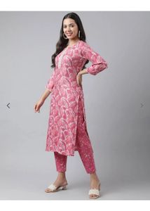 Pink Leaf Print Kurta Set