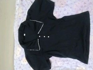 Chic Black Polo Top with Pearl Collar