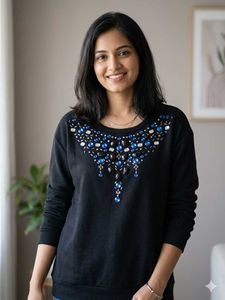 Embellished Black Crew Neck Top