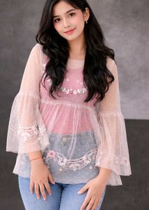 Sheer Bell Sleeve Embroidered Mesh Top