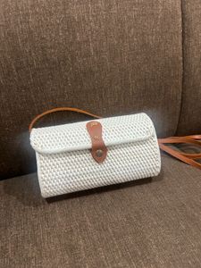 White Woven Clutch with Leather Strap