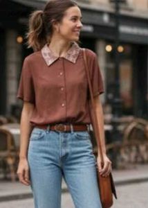 Brown Short Sleeve Blouse
