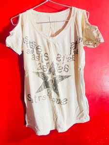 Cream Graphic Tee with Cutout Shoulders