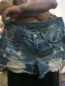 Distressed Denim Shorts with Beads