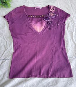 Purple Embellished V-Neck Top