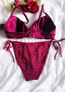 Burgundy Lace Detail Bikini Set