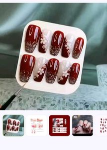 Elegant Red Glitter Flower Press-On Nails