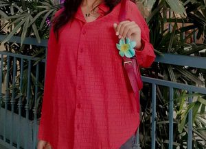 Textured Coral-red oversized shirt women