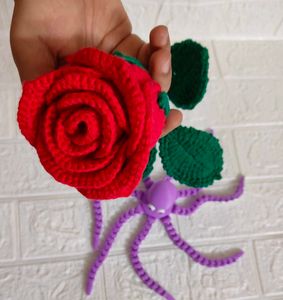 Crocheted Red Rose with Green Leaves