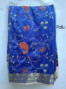 New Royal Blue Embroidered Saree + Blouse piece