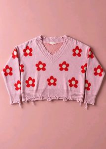 PINK RED FLOWER DISTRESSED V-NECK KNIT SWEATER