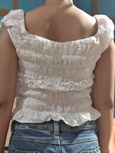 white smocked ruffle crop top