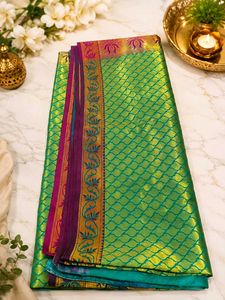 Elegant Green &amp; Gold Designer Silk Saree with Lotu