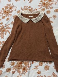 Brown Sequin Collar Sweater