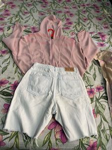 Pink Cropped Hoodie &amp; White Denim Shorts Set