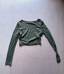 Olive Green Square Neck Long Sleeve Top