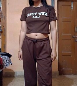 Brown Crop Top &amp; Jogger Set