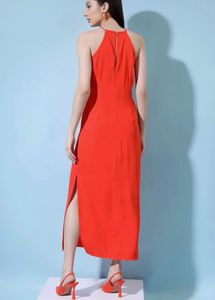Vibrant Orange Halter Neck Midi Dress