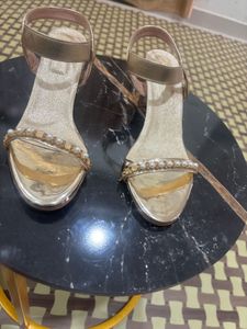 Elegant Gold Block Heels with Pearl Embellishments