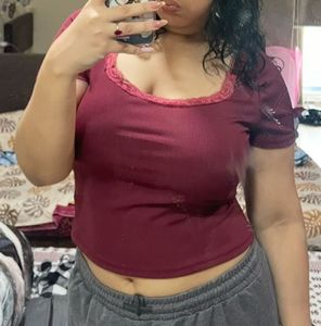 Burgundy Lace Trim Square Neck Top