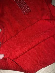 Red Mock Neck Top with Embellishment
