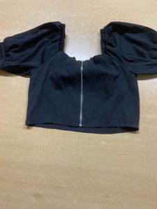 Black Puff Sleeve Top with Rhinestone Bow