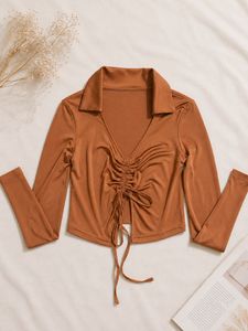 Brown Ruched Collared Long Sleeve Top