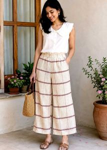 Cream & Red Striped Palazzo Pants  waist size-28