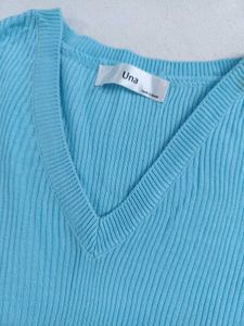 Light Blue Ribbed V-Neck Dress