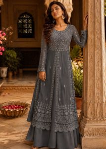 Elegant Grey Embroidered Anarkali Gown