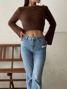 Imported brown fuzzy knit cropped top