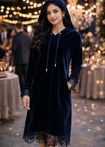 Velvet Hoodie Dress Lace Trim