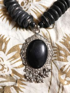 Unique wood Beaded Necklace with Black Pendant