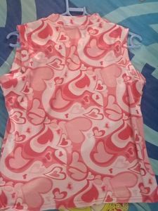 Pink Heart Print Mesh Crop Top