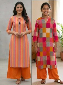 ComboOffer-New StripedOrangeWomen Kurtas-2+Plazzo