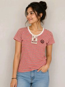 Red & White Striped V-Neck Top
