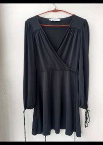 Mango women Black Wrap Dress with Tie Sleeves