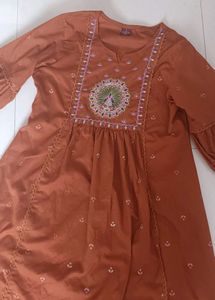 Orange Kurta with Peacock Embroidery