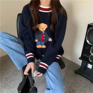 Bear Embroidery Knit Navy Blue Pullover🧸