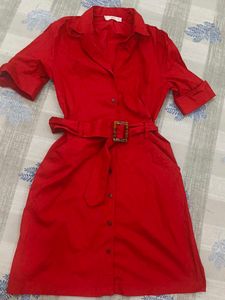 MANGO premium Red V-Neck Belted Dress