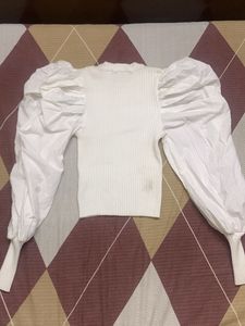 White Puff Sleeve Knit Top