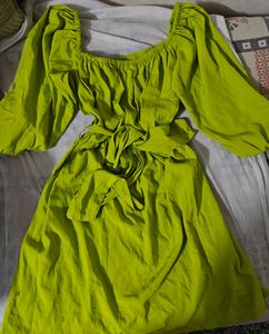 Lime Green Square Neck Puff Sleeve Dress