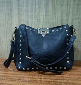 Studded Black Faux Leather Hobo Bag
