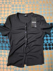 Black Short Sleeve Button-Up Top
