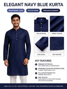 Elegant Navy Blue Cotton Silk Kurta