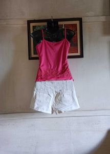 pink top &amp; white shorts set