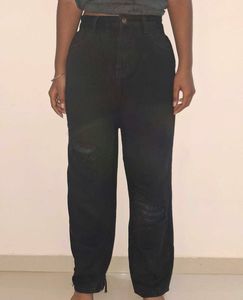 Women's Black Ripped Wide Leg Stretchable Jeans wi