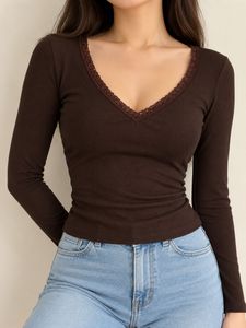 Brown Lace Trim V-Neck Long Sleeve Top