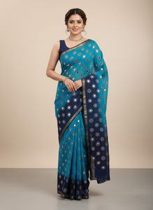 Firozi and Dark Blue khaddi Georgette Saree